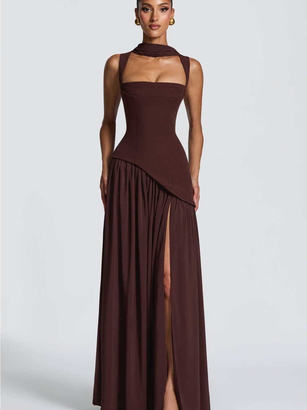 Chic Chocolate Brown Maxi Dress with Asymmetric Draped Waist